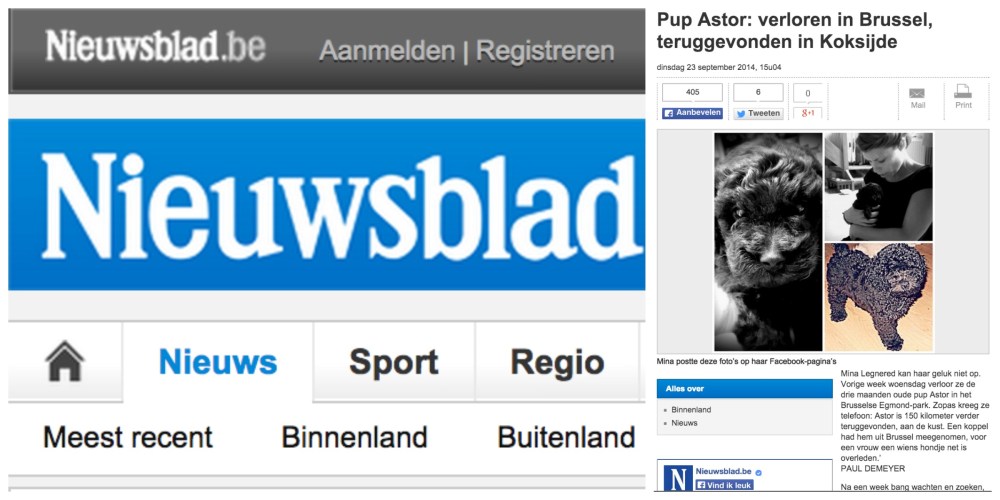 Astor makes the headlines of Belgian newspaper Nieuwsblad! http://bit.ly/iamAstorFOUND Paul Demeyer, journalist at the Nieuwsblad called me as soon as he heard the news. 